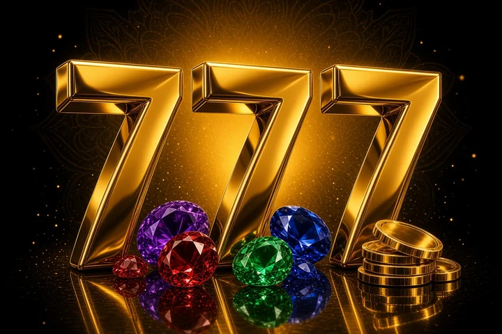 777 Gems three glossy gold sevens with cut gemstones and gold coins