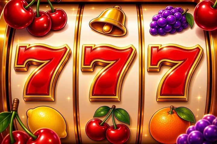 777 Gems close view of glossy gold fruit reels with three large red sevens, cherries, grapes and a bell