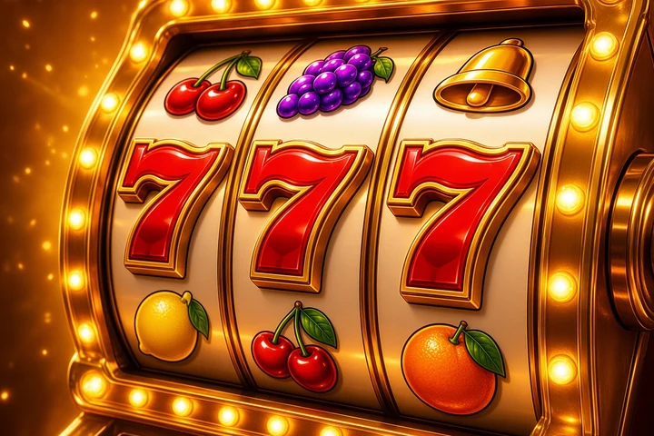 777 Gems glossy gold fruit machine with large red sevens across the reels, cherries, grapes and a bell