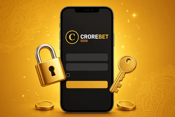 CroreBet India registration form on a phone with a gold padlock and a key