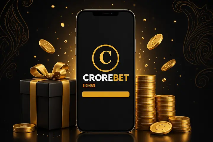 CroreBet app download with the site logo on the phone screen, a black gift and gold coins