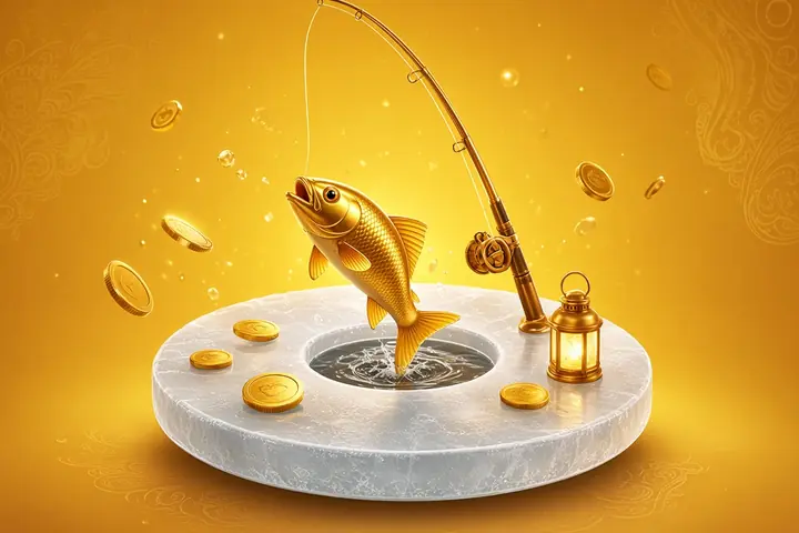 CroreBet Ice Fishing with a gold rod, a lantern and a gold fish in an ice hole
