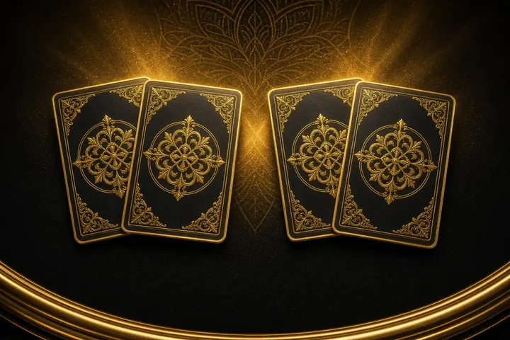 Baccarat online in India with two black and gold card hands on dark felt and a gold rail