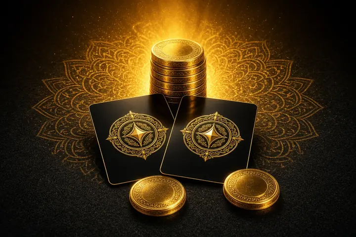 Blackjack online in India with two black and gold cards dealt beside a stack of gold chips