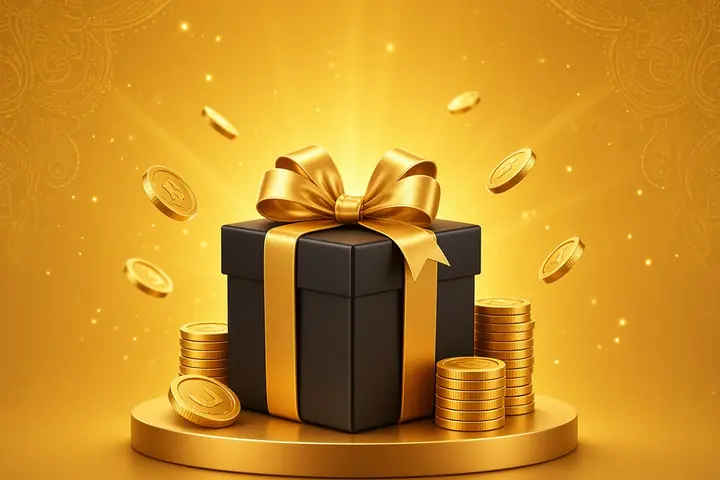 CroreBet bonuses in India with a black gift box, a gold bow and coin stacks