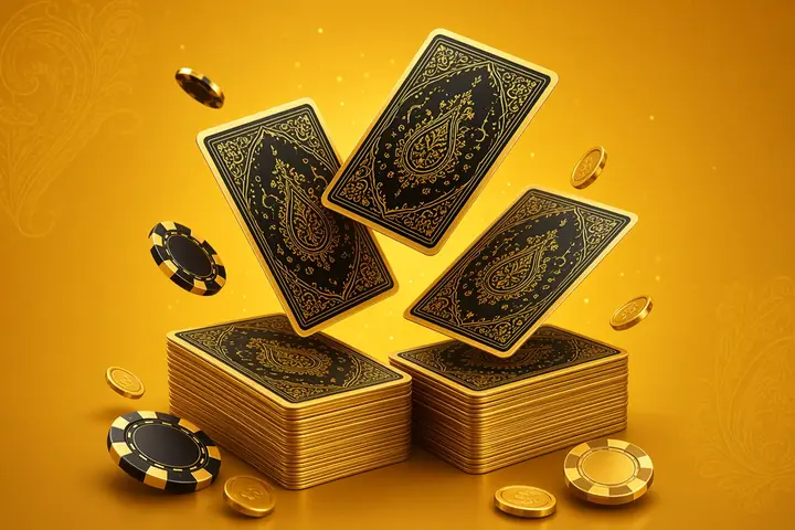 Blackjack online in India with black and gold paisley card decks, chips and coins