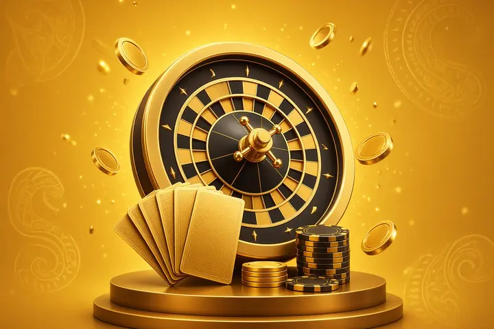CroreBet slots India beside a roulette wheel, playing cards and chip stacks