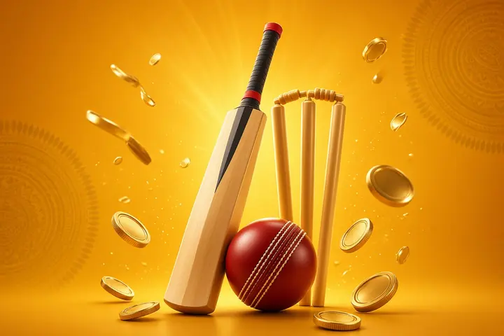 CroreBet cricket betting with a bat, a red ball, gold stumps and flying gold coins
