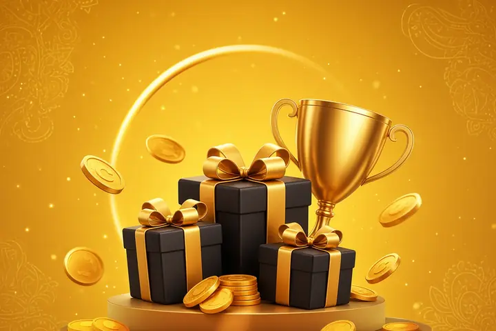 CroreBet bonuses in India with black gift boxes, a gold trophy and coin stacks