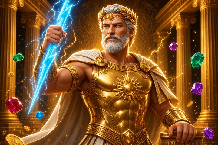 Gates of Olympus crowned figure in gold armour raising a blue lightning bolt before a temple