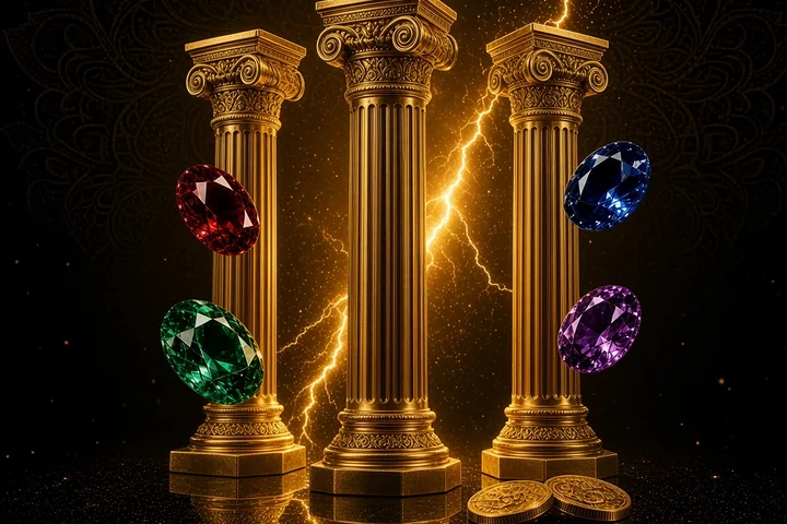 Gates of Olympus gold fluted temple columns with lightning between them, floating gems and gold coins