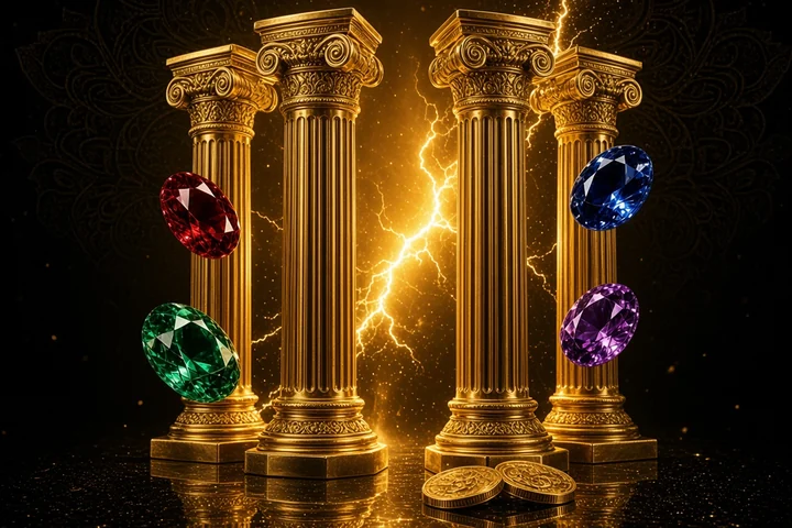 Gates of Olympus gold fluted temple columns with lightning, floating gems and gold coins