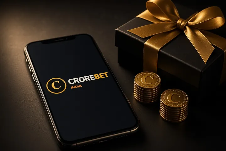CroreBet app in the browser with the site logo on the phone screen, a black gift and coin stacks