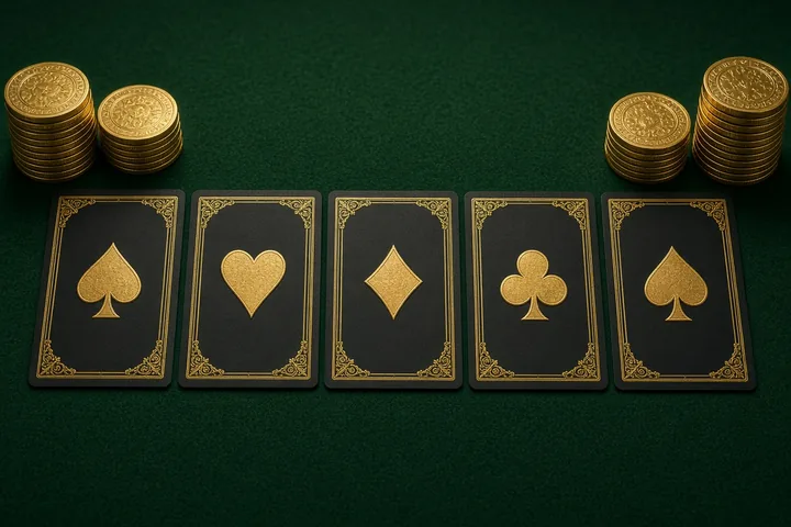 CroreBet Poker with five face-up cards between stacks of gold chips