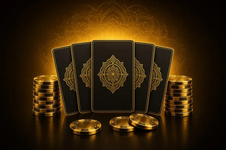 Poker online in India with a fan of black and gold cards between two stacks of gold chips