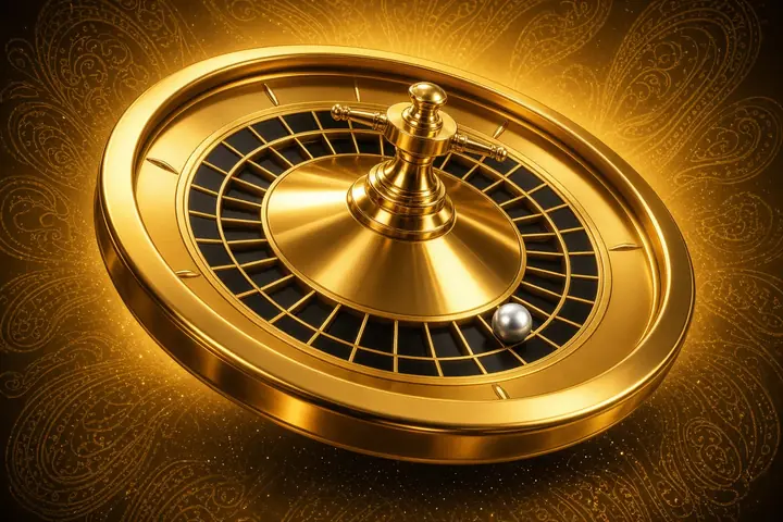 Roulette online in India with a glossy gold wheel, dark pockets and a silver ball