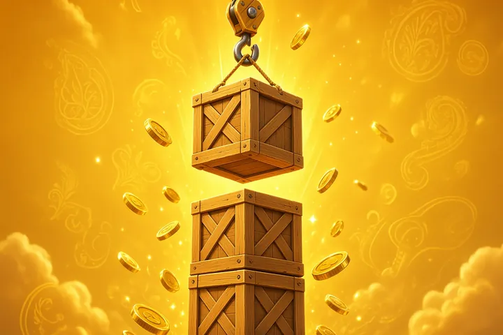 CroreBet Tower Rush with a crane hook lowering a wooden crate onto the stack