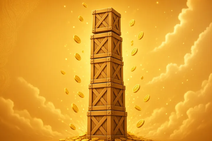 CroreBet Tower Rush with a stack of wooden crates and gold coins
