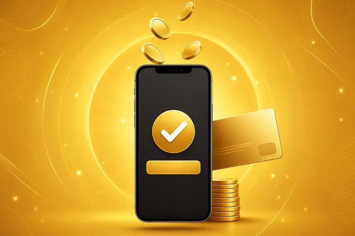 CroreBet India registration confirmed on a phone with a gold tick, a card and coin stacks