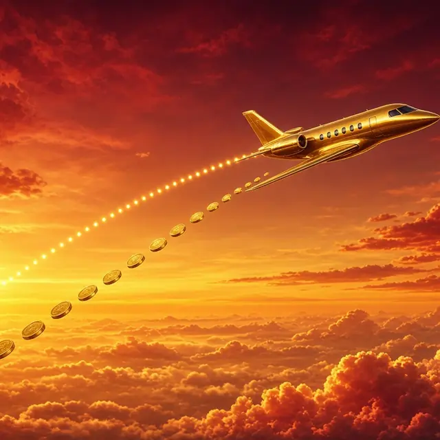 Aviator, a small gold plane climbing a dotted night arc