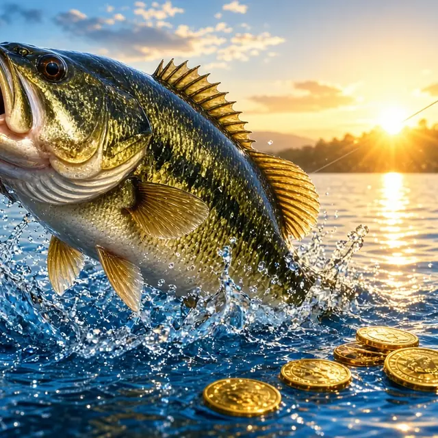 Big Bass Bonanza, a large fish leaping beside a reel