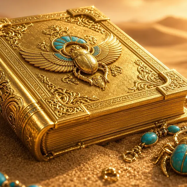 Book of Dead, an ornate gold book resting on sand
