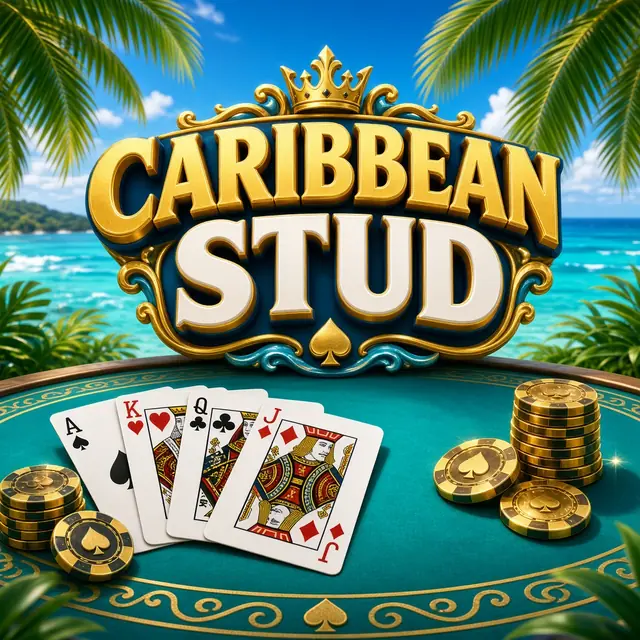Caribbean Stud, poker cards beside a palm and turquoise water