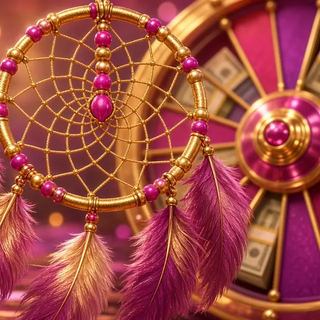 Dream Catcher, a beaded hoop hanging in front of a money wheel