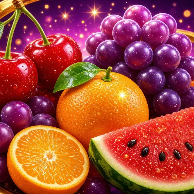 Fruit Party, cherries, grapes and citrus clustered together