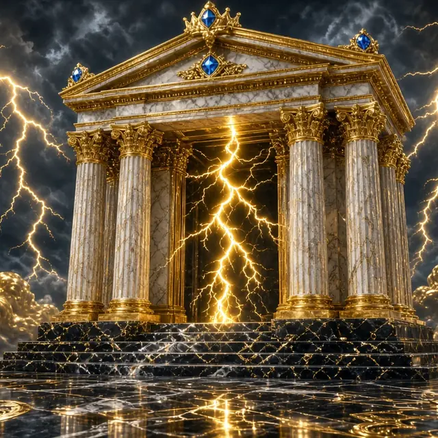 Gates of Olympus, marble columns and storm light between them