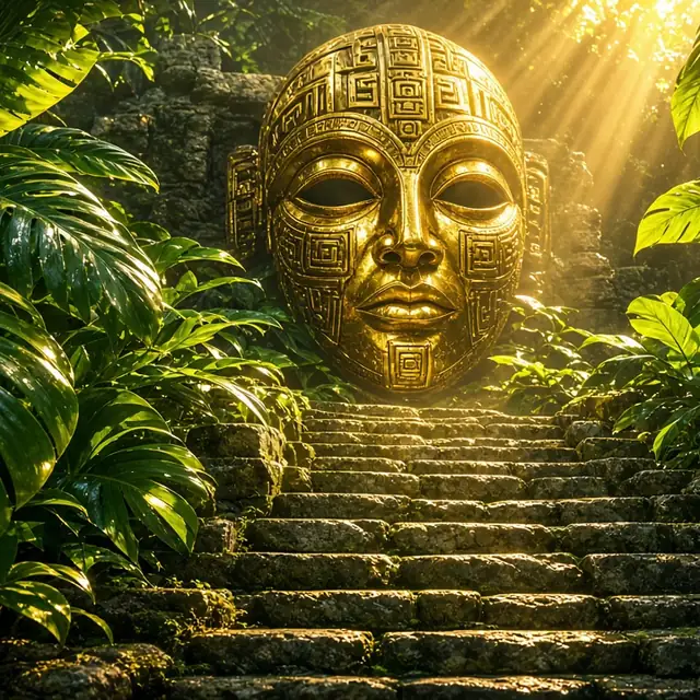 Gonzo's Quest, stone steps and jungle leaves around a gold mask