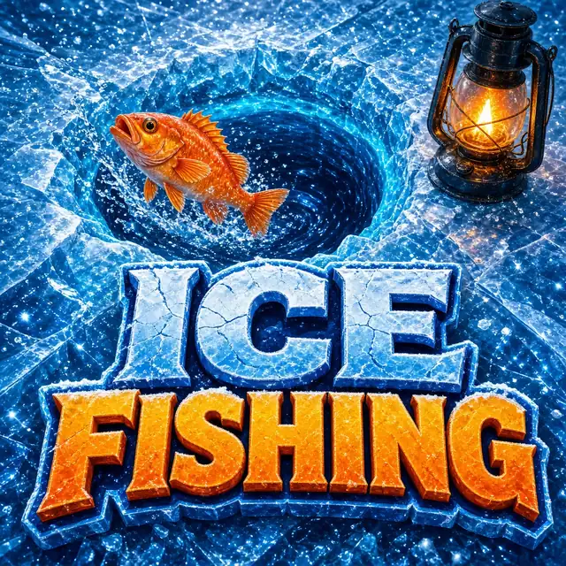 Ice Fishing, a lantern, an ice hole and an orange fish