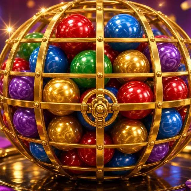 Mega Ball, coloured spheres gathered in a golden cage