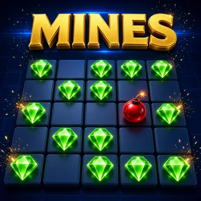Mines, a dark tile grid with gems and one warning flag