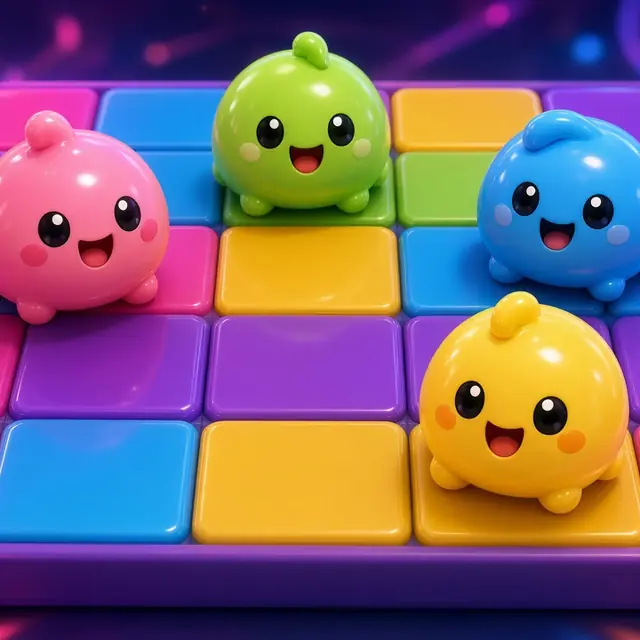 Reactoonz, round colourful creatures standing on a tiled grid