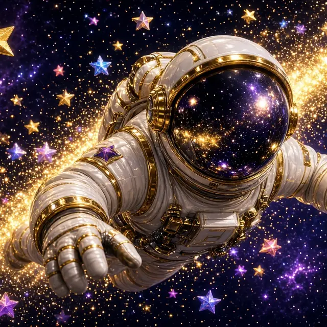 Spaceman, an astronaut helmet climbing through stars