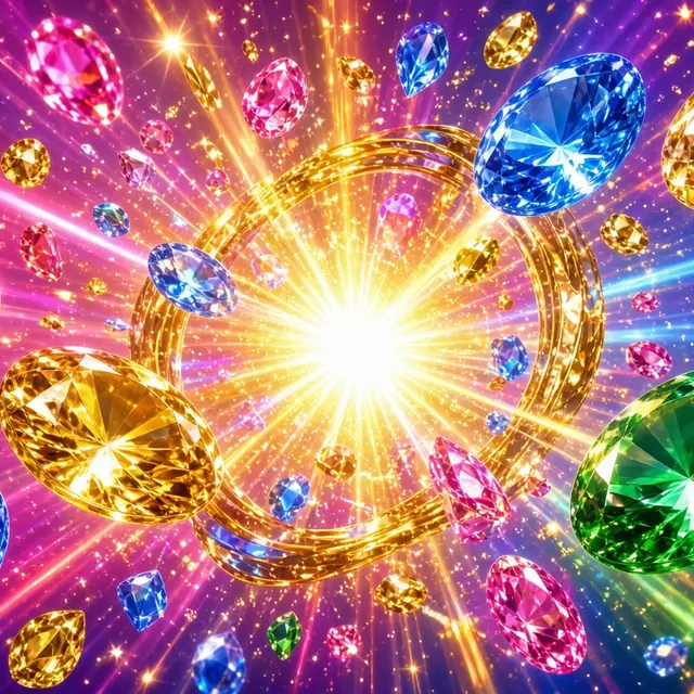 Starburst, jewels bursting outward in rainbow light