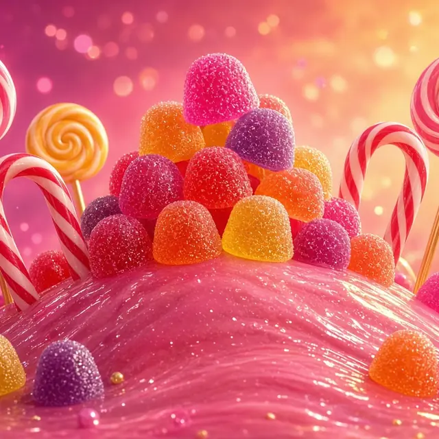 Sugar Rush, gumdrops and candy canes on a bright hill