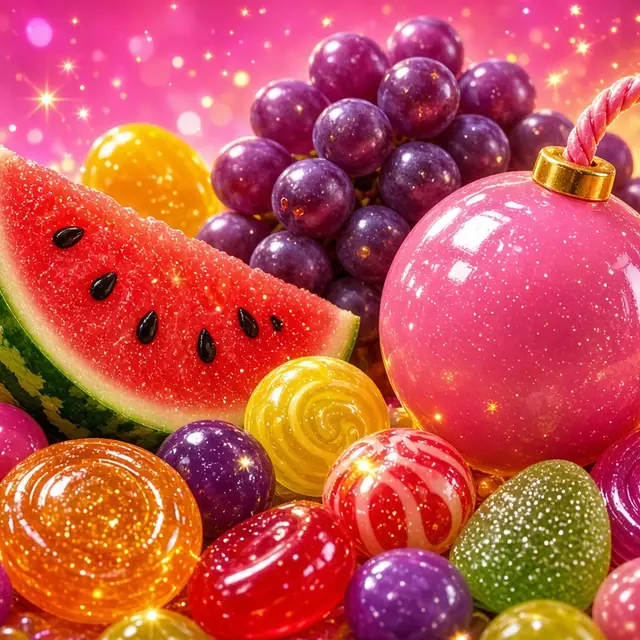 Sweet Bonanza, candy and fruit piled in warm pink light