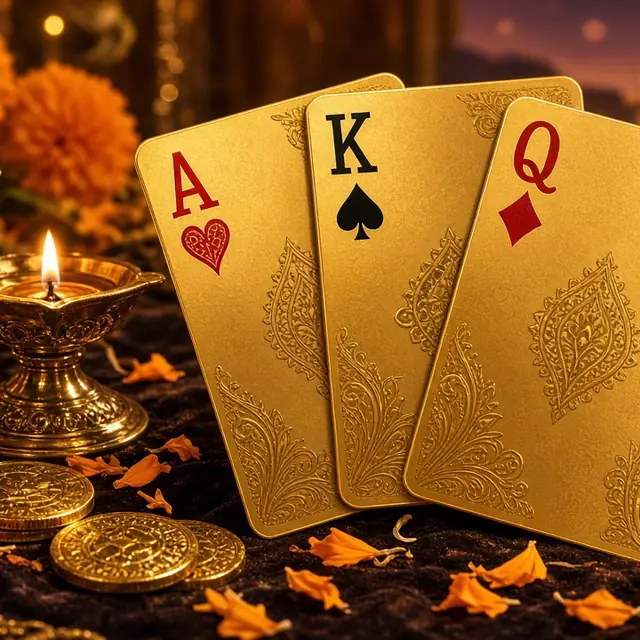 Teen Patti, three cards beside brass lamps on a dark cloth
