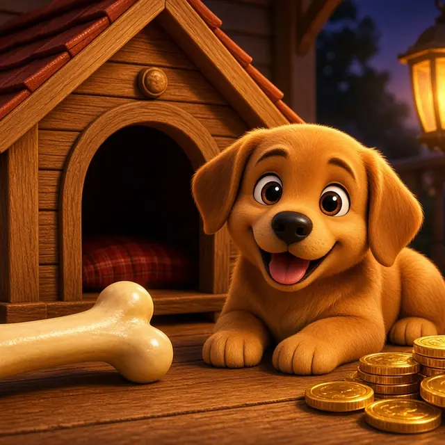 The Dog House, a wooden kennel, a bone and a warm porch light