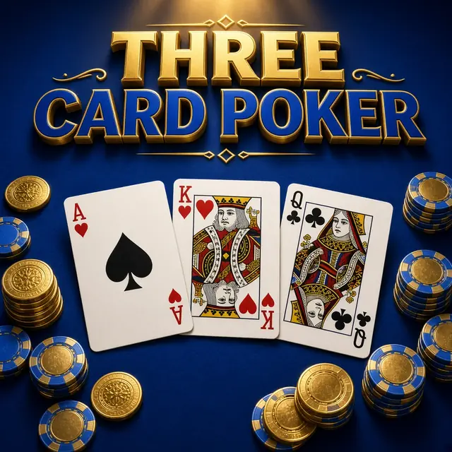 Three Card Poker, three face-up cards on blue felt