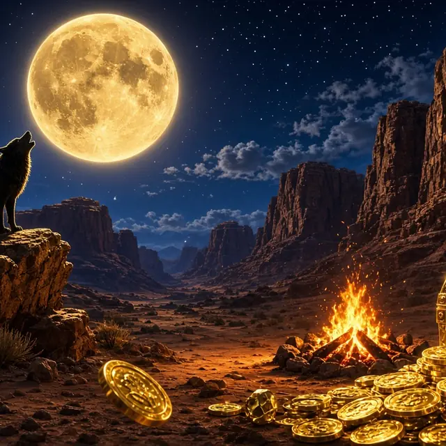 Wolf Gold, a wolf silhouette howling at a desert moon