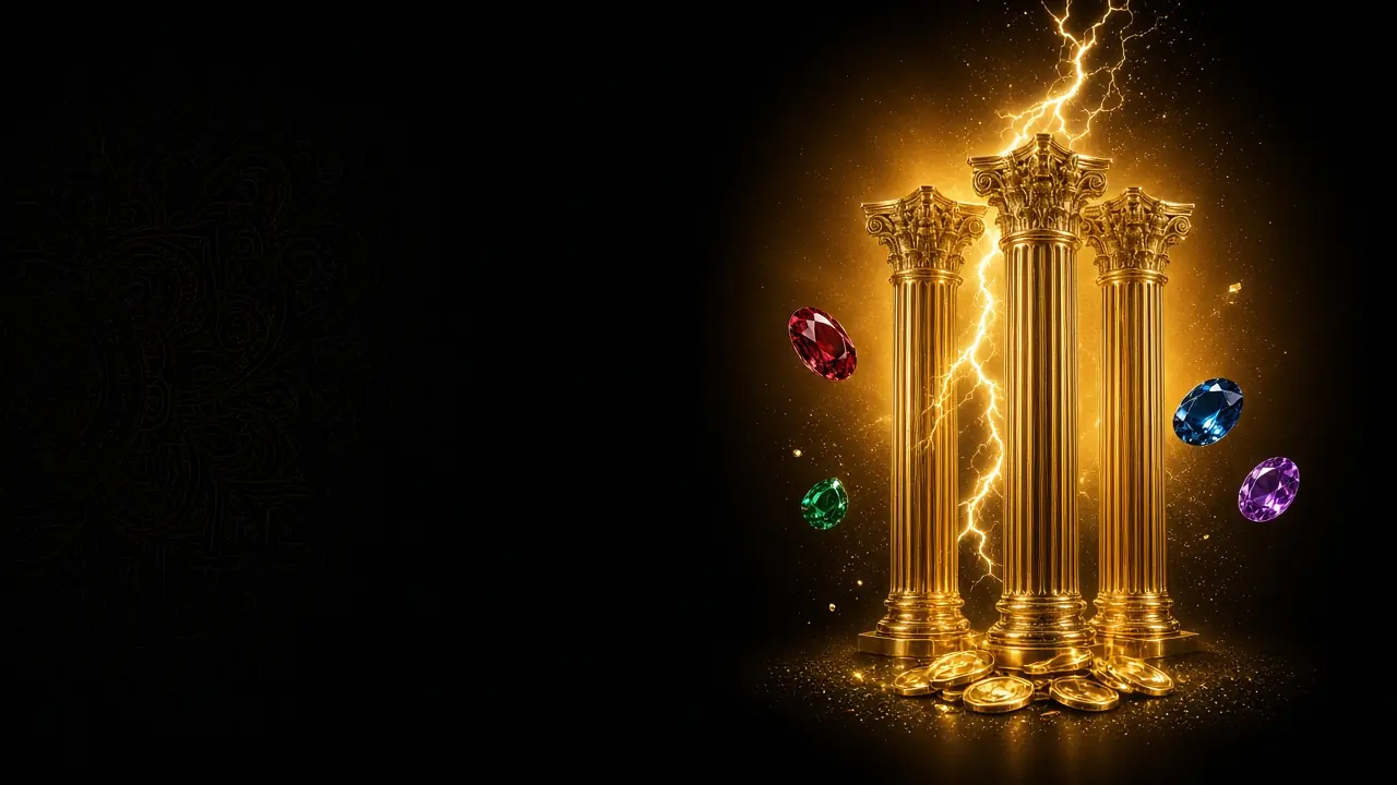 Gates of Olympus slot art with gold temple columns, lightning and floating cut gems