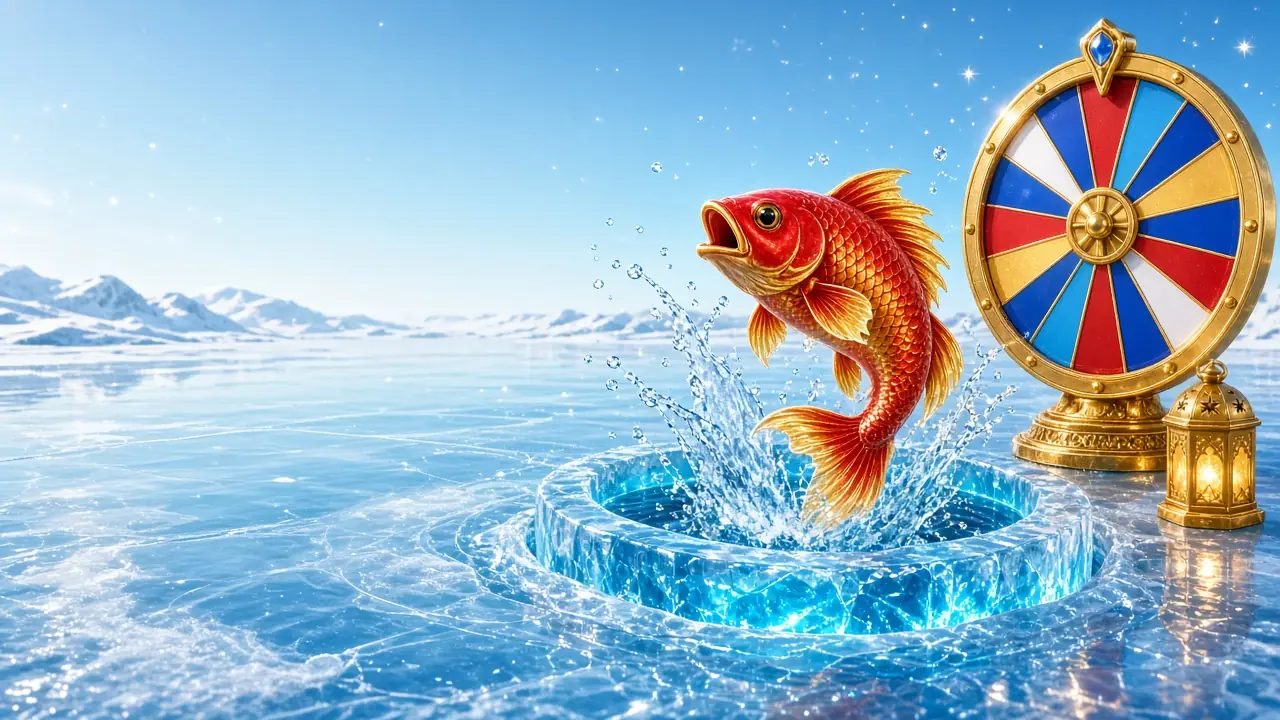 CroreBet Ice Fishing with a red fish leaping from an ice hole beside a colourful prize wheel