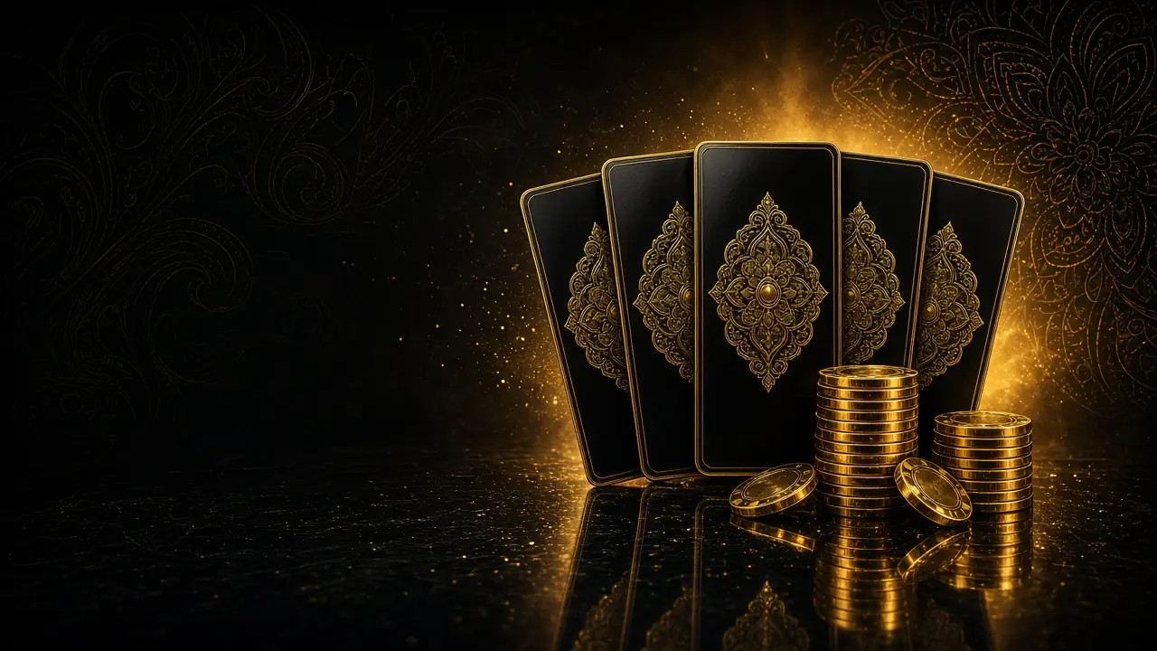 Poker online in India with a fan of black and gold cards between two stacks of gold chips